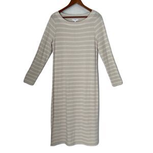 Time & Tru Dress Women M 8/10 Beige Tan Stripe Maxi Stretch Casual Cotage Comfy